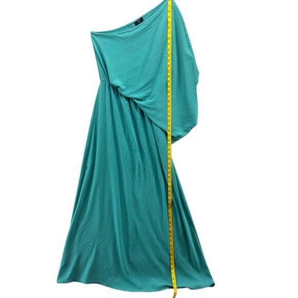 Tyche Grecian Goddess Maxi Dress Teal Draped One Shoulder Formal Gown Size L - Picture 6 of 12